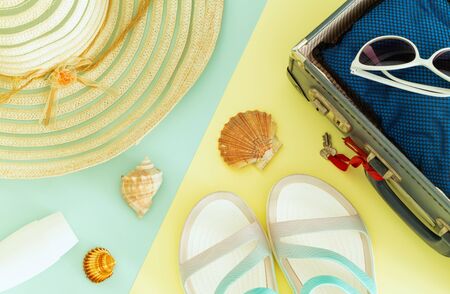 Holiday mood. Summer women's sun hat, sunglasses, shells ...の写真素材