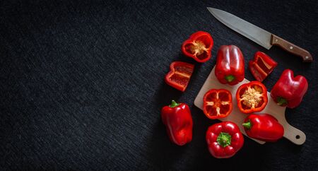 Red pepper Healthy vegetables on a dark background.Place for textの写真素材