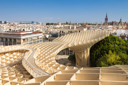 Seville, Spain.  Panorama view from the top of the Space Metropol Parasol (Setas de Sevilla)のeditorial素材