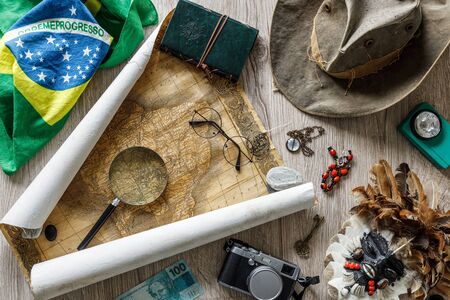 Brazil. Old map, flags and objects associated with Brazil and travel to South America. Empty space...
