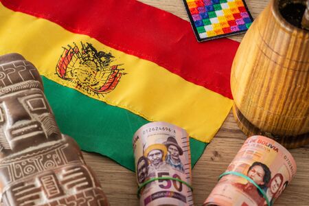 Bolivia flag with money and things related to the countryの写真素材