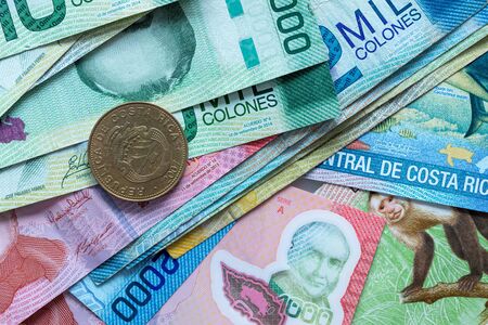 Money from Costa Rica, various banknotes and a coinの写真素材