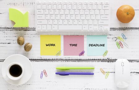 a workplace with colorful, motivating, saved cards. Concept, project deadline. Keyboard, healthy...