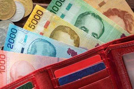 Costa Rica money in the wallet on the wooden table top.