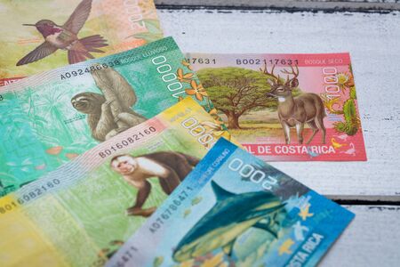Money from Costa Rica, Colones, Various banknotes spread out on the table