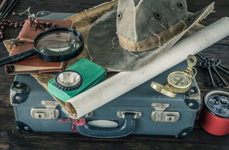 Preparing for travel. Great adventure planning concept. Retro style. Old maps, expedition...