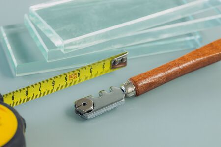 a knife for cutting glass, folding glass and cut glassの写真素材