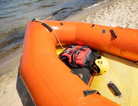Rescue pontoon above water with equipmentの写真素材