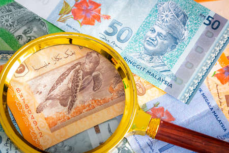 Malaysia money. ringgit, Paper Banknotes with a magnifying glass on it. Different values. Business and budget conceptの写真素材