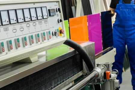 The glazier grinds colored glass on a professional grinding machineの写真素材