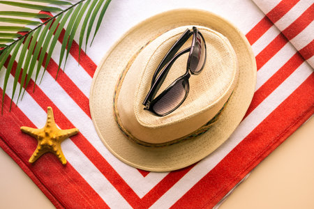 holiday season, Summer trips to the seaside, panama hat, beach towel, sunglasses, large green leaf of an exotic treeの写真素材