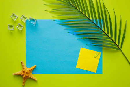 big blue card with empty space for text. Little yellow card Tropical palm leaf, ice cubes, sea starfish, green background. Minimal summer concept, work motivation. integration trip, Flatの写真素材