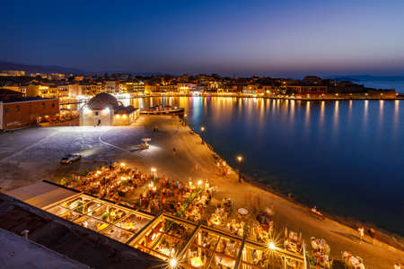 Chania in Crete, night landscape, Waterfront, top viewの写真素材