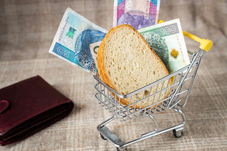 Shopping basket with Polish money and a slice of dry bread. The concept of rising food prices in Polandの写真素材