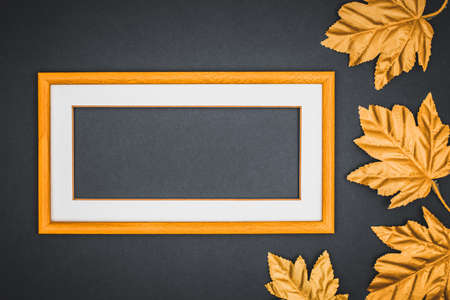 Creative layout, delicate yellow frame with white passe partout with empty space for the slogan, rust, dark golden leaves, Flat lay, Abstract colors, Graphite backgroundの写真素材