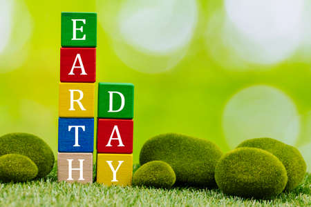 World Earth Day, Inscription on children's colored blocks, Concept, Transferring knowledge and...