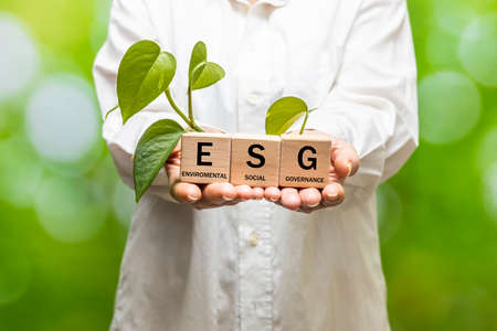 Environmental, social and corporate governance concept, Blocks in hand with ESG text, The idea of sustainable development of a company that cares about the environment, society and the companyの写真素材