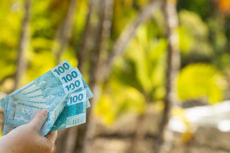 Female hand with Brazilian money, Palm trees and the sea in the background, holiday costs concept, File of banknotes after one hundred Reaisの写真素材