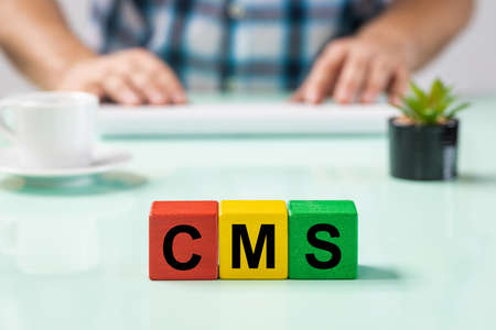 An employee behind a desk at a computer, wooden blocks, abbreviation CMS, Content Management System,...