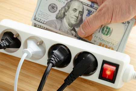 Increases in electricity prices in the United States, Energy concept, Power strip with plugs plugged in and a large bundle of dollars in hand, Increase in energy prices for households and industryの写真素材