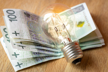 Polish money Several hundred Polish zlotys and a light bulb, the concept of increasing energy and electricity prices in Polandの写真素材