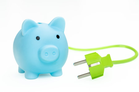 Piggy bank and green electric cable, Environmental concept promoting natural and economical sources of energy, Modern technologies of obtaining green energyの写真素材