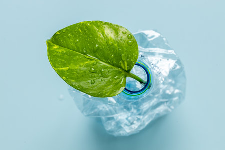 crushed plastic bottle with young green leaf growing out of it, Environmental concept, Reduce plastic waste on the ground, Recycle, Pastel blue background, top viewの写真素材