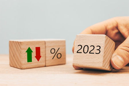 Year 2023 business concept. Economic and financial analysis, interest rates, stocks, bonds, ranking,...