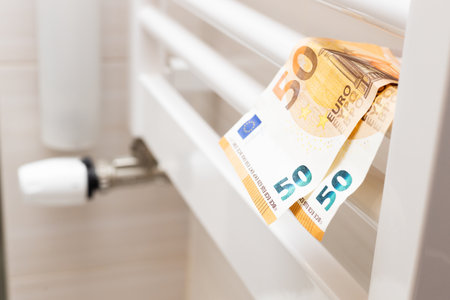 Heating costs, a bathroom radiator, two 50 euro notes, electricity and gas prices in Europeの写真素材