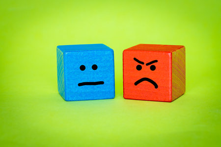 Emotions, Blue and Red Wooden Block, Hand Painted Facial Expression, Sadness and Rage,...