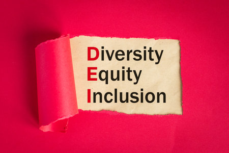 DEI symbol, Diversity, equality, inclusion, DEI text appearing behind torn paper in viva magenta,...