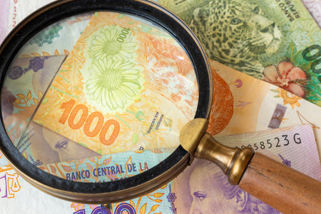 Argentine money, highest denominations, Argentine cash under the microscope, State of finances and economyの写真素材