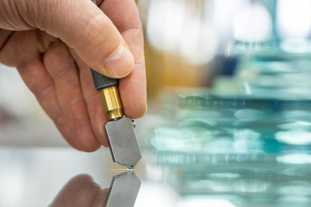 Close-up of a glazier's hand when he cuts glass in a glass factory, Close up, Pieces of thick glass
