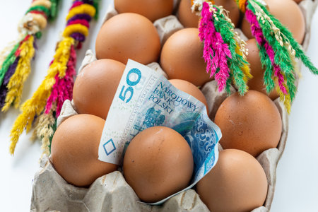 Easter holidays and the price of eggs in Poland. The concept of rising inflation, Traditional festive Easter palms, a tray of eggs and a 50 Polish zloty banknote,the cost of holidaysの写真素材
