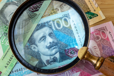 Peru money and magnifying glass, Finance and economic concept, close upの写真素材