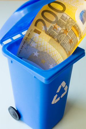 Retirement, 200 Euro banknotes, business finance concept, Miniature garbage can with two hundred Euro banknote, European Union stop printing money, close upの写真素材