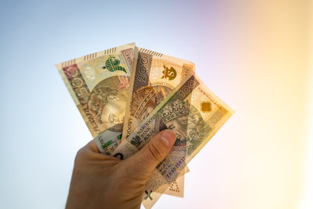 Poland 800 plus, Polish money in a fist against the sky, Photo backlit by the sun, Financial...