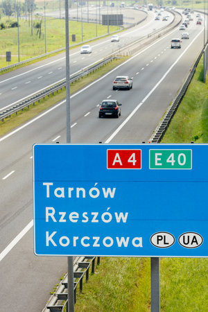 A4 motorway in Poland, section towards Tarnow, Rzeszow up to the border crossing in Korczowa on the border with Ukraineの写真素材