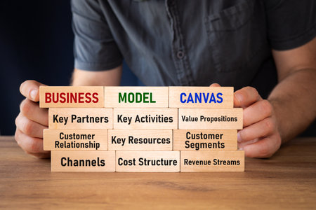 Business model canvas, strategic management, business model startup template, elements describing company or product value position, infrastructure, customers and finance, manager building a wallの写真素材