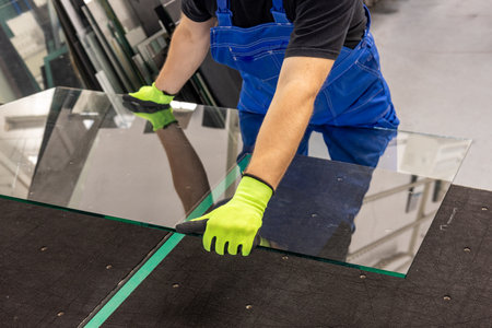 The glazier places the glass top on a specialized glass cutting table. glass factoryの写真素材