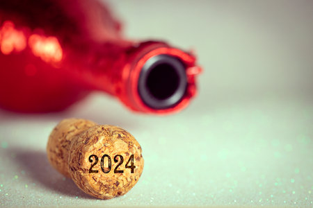 2024, Celebrating the new year, New Year's Eve concept, Champagne cork shot with 2024, Beautiful silver glitter background, Champagne bottleの写真素材
