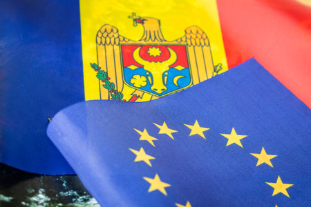 Flag of Moldova and the European Union, Concept, Hope and work on Moldova's accession to the EU, Economy and European policyの写真素材