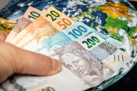 Brazilian money, reais banknotes, global economy, financial and economic conceptの写真素材