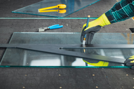 A glazier cuts thick glass on a specialized table, Concept, Work in a glass factoryの写真素材