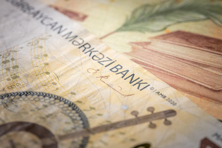 Azerbaijani money, macro close-up on banknotes, financial conceptの写真素材