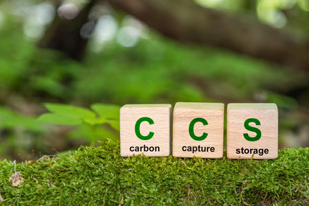 CCS symbol for Carbon Capture Storage words CCS on a wood cube on the environmental background. Net...