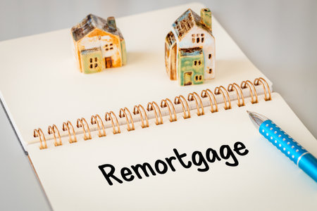 Remortgage - a word written in a notebook with a pen and a ceramic miniature of a house. Business and financial concept, copy spaceの写真素材