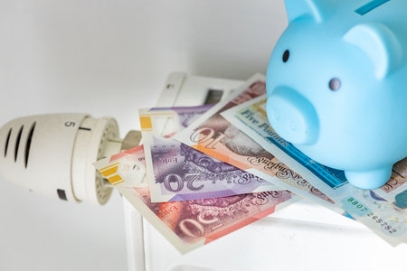British pounds lying on an unscrewed radiator and a piggy bank, Concept, financial budgeting. Winter heating costs in the UKの写真素材