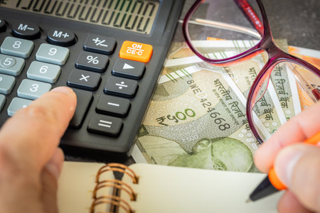Financial settlements in Indian Rupees, Financial analysis, Tax calculation, Risk costs, business project. India money, close up.の写真素材