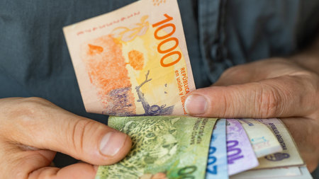 Argentina money, Man converts Argentine pesos, Cash in hand, Financial business concept, Earnings and state of household budget in Argentina, close upの写真素材